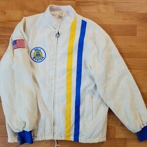 Vintage 1970s Bell System Striped Insulaged Racing Bomber Workwear Jacket, Large